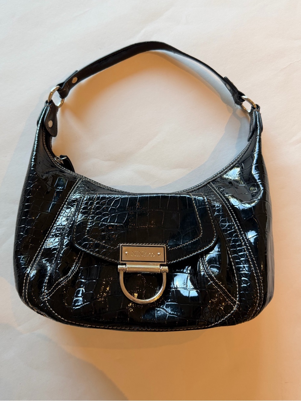 Vintage NINE & Company Black Croc Embossed Patent Shoulder Bag Y2K